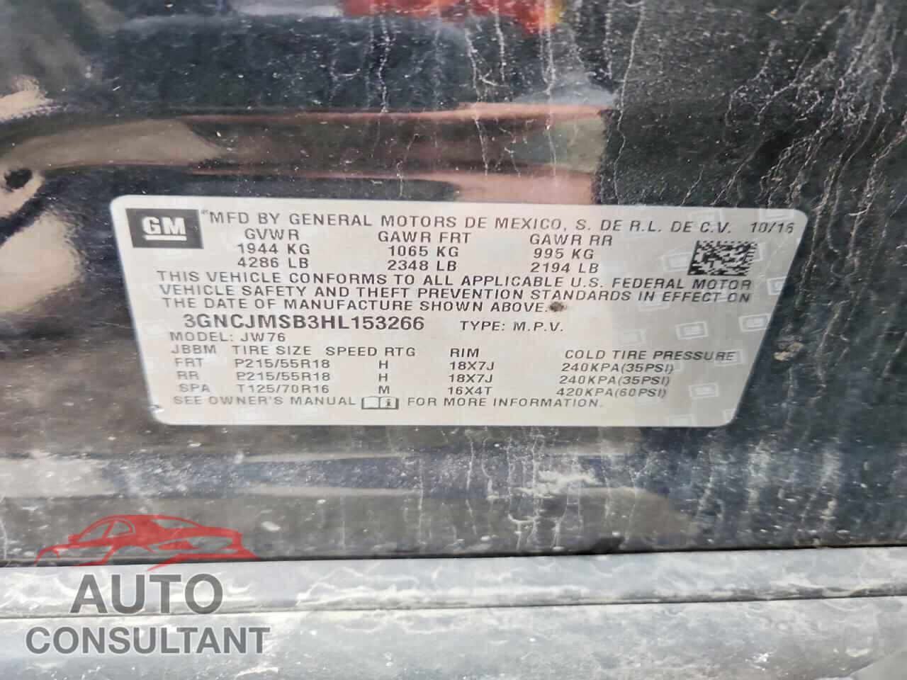 CHEVROLET TRAX 2017 - 3GNCJMSB3HL153266