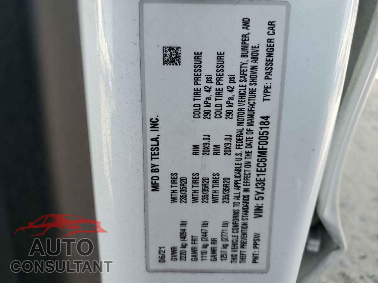 TESLA MODEL 3 2021 - 5YJ3E1EC6MF005184