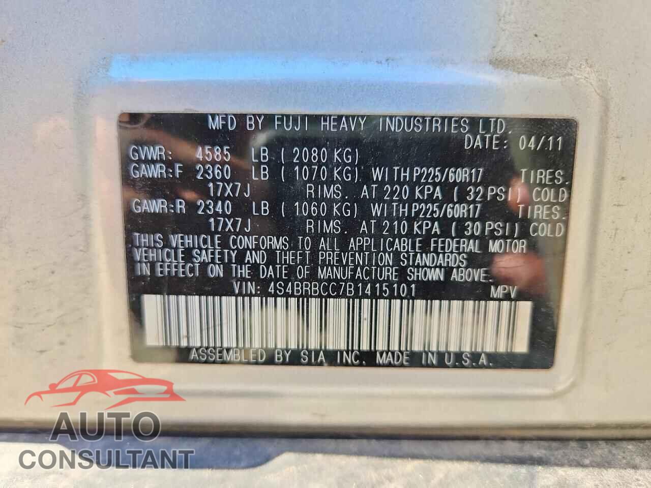 SUBARU OUTBACK 2011 - 4S4BRBCC7B1415101