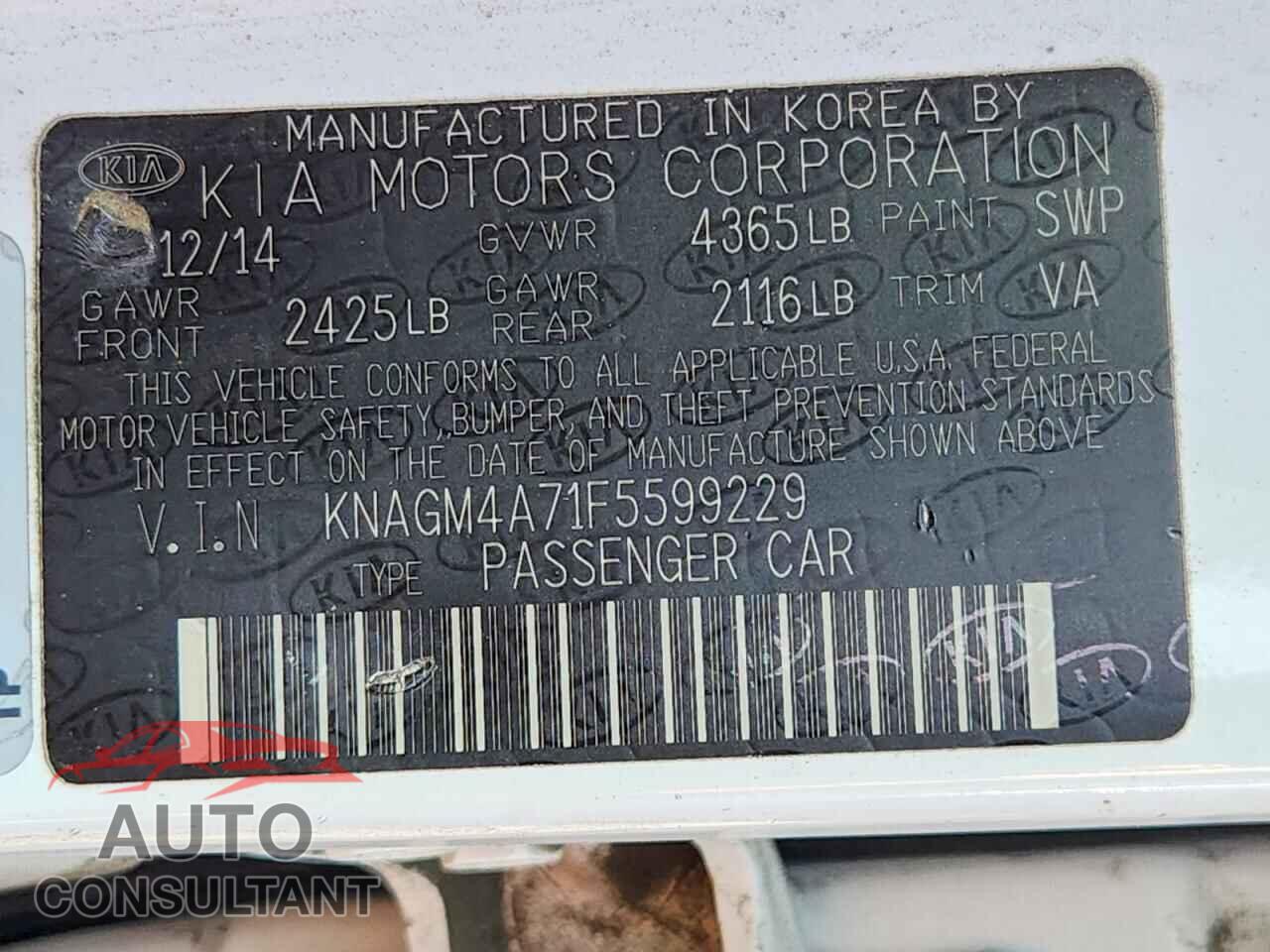 KIA OPTIMA 2015 - KNAGM4A71F5599229