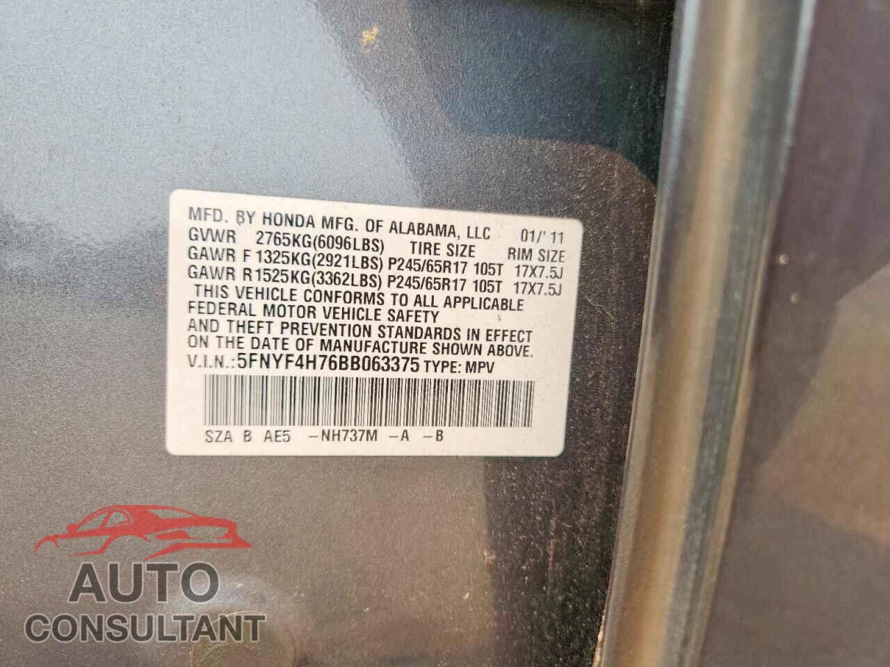 HONDA PILOT 2011 - 5FNYF4H76BB063375