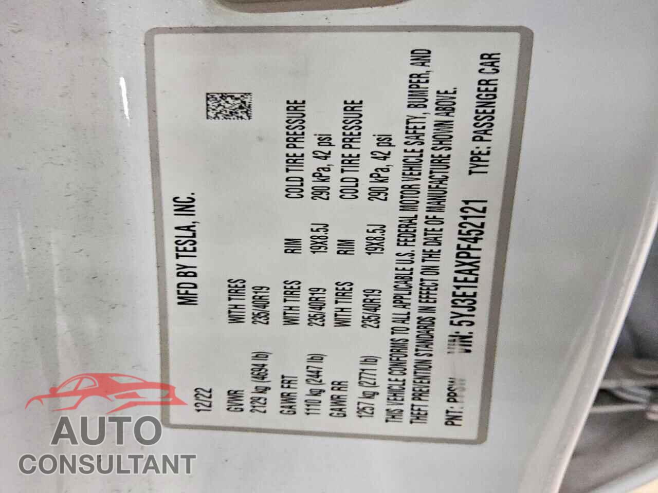 TESLA MODEL 3 2023 - 5YJ3E1EAXPF452121