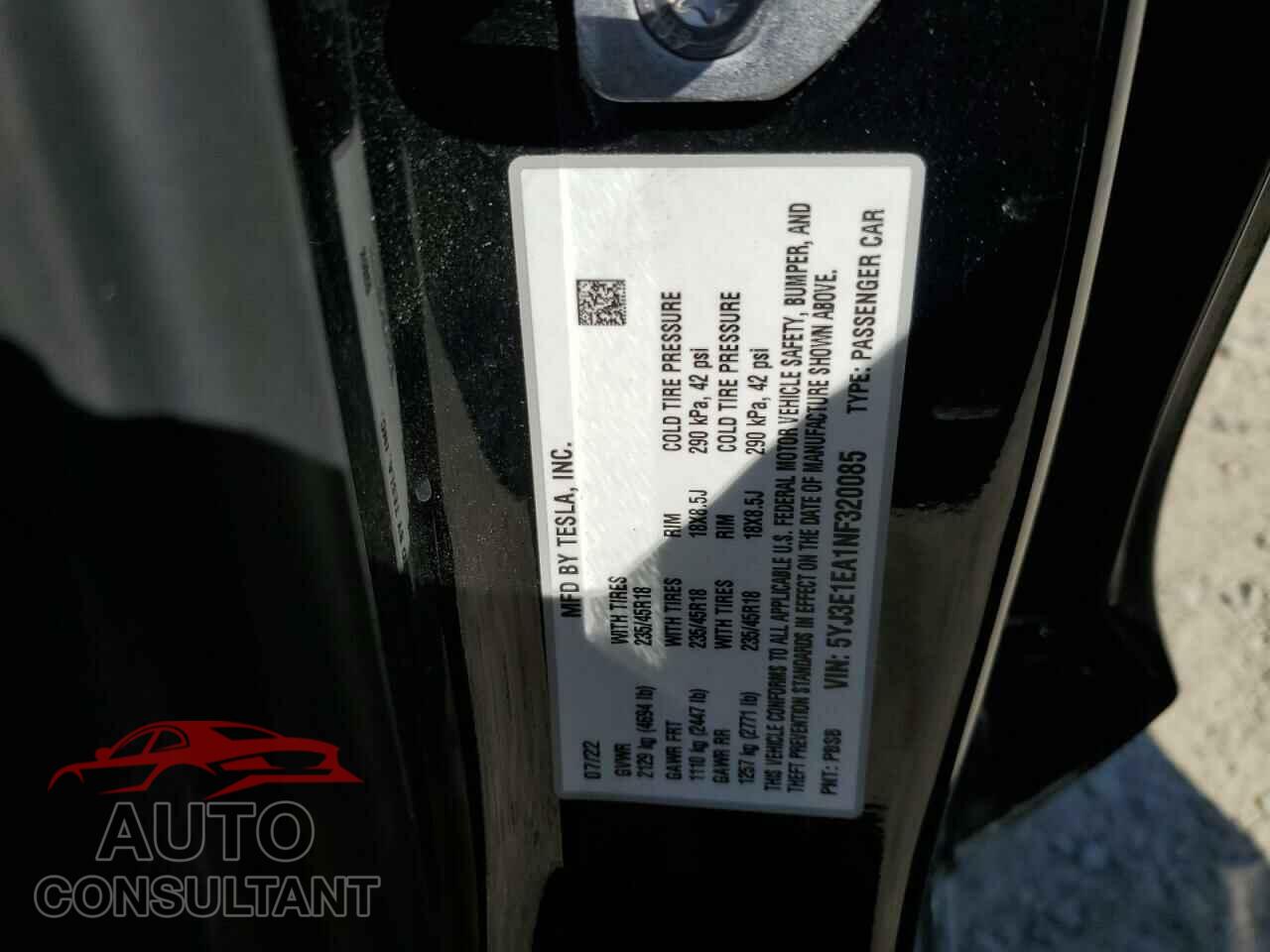 TESLA MODEL 3 2022 - 5YJ3E1EA1NF320085