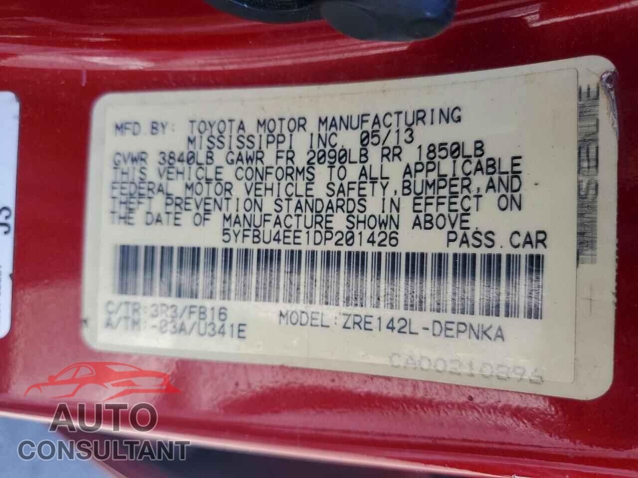 TOYOTA COROLLA 2013 - 5YFBU4EE1DP201426