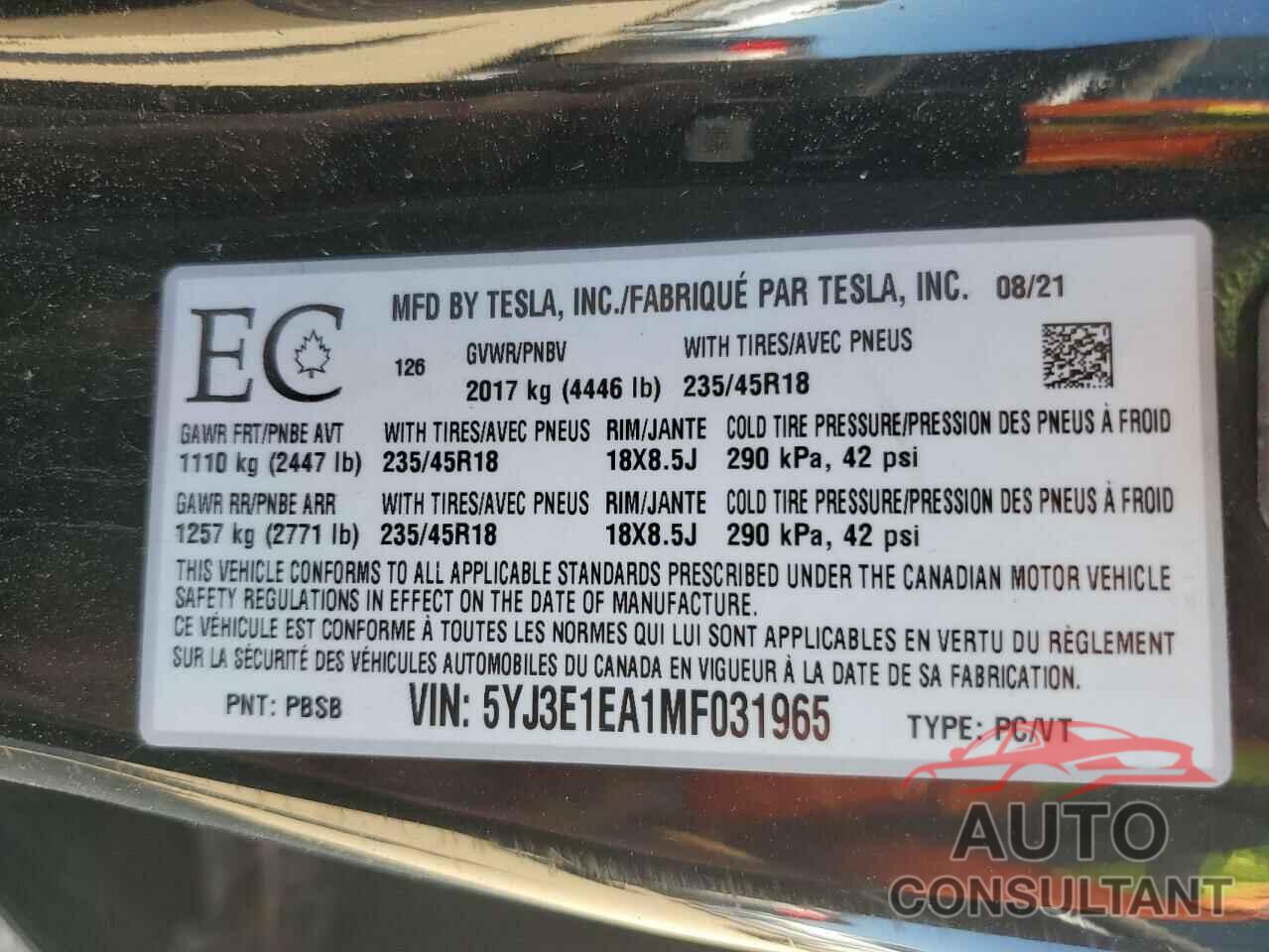 TESLA MODEL 3 2021 - 5YJ3E1EA1MF031965