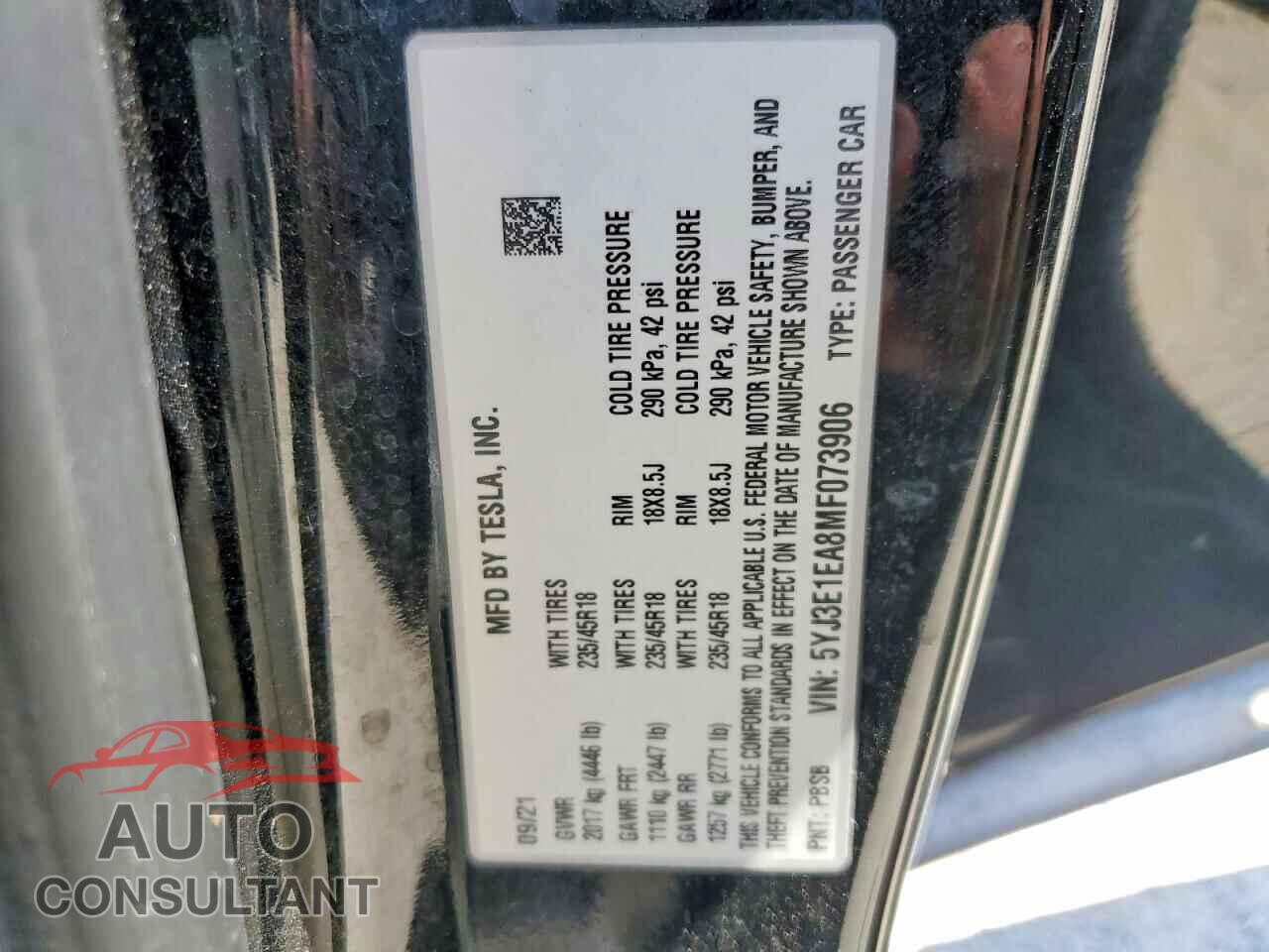 TESLA MODEL 3 2021 - 5YJ3E1EA8MF073906