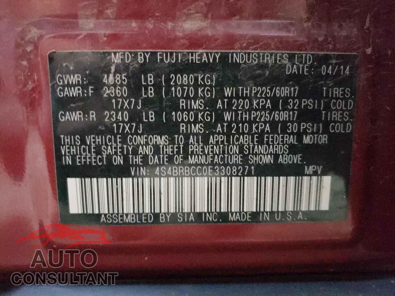 SUBARU OUTBACK 2014 - 4S4BRBCC0E3308271