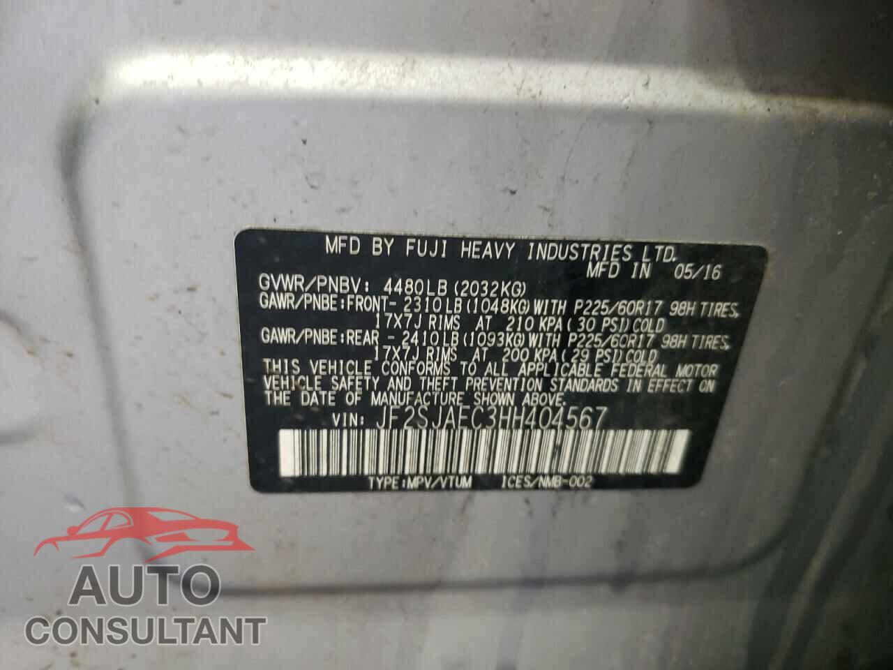 SUBARU FORESTER 2017 - JF2SJAEC3HH404567