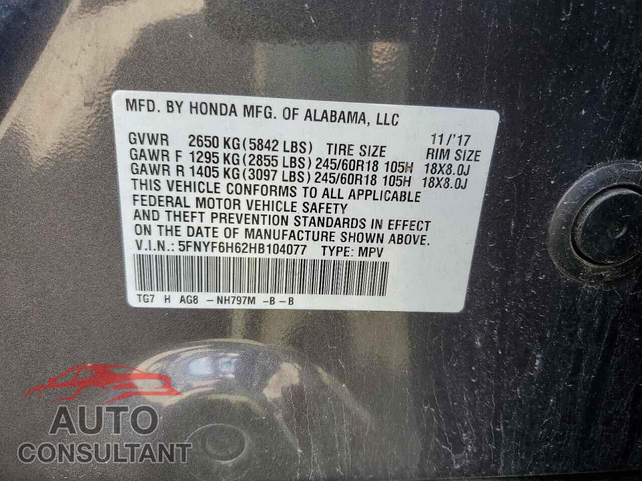 HONDA PILOT 2017 - 5FNYF6H62HB104077