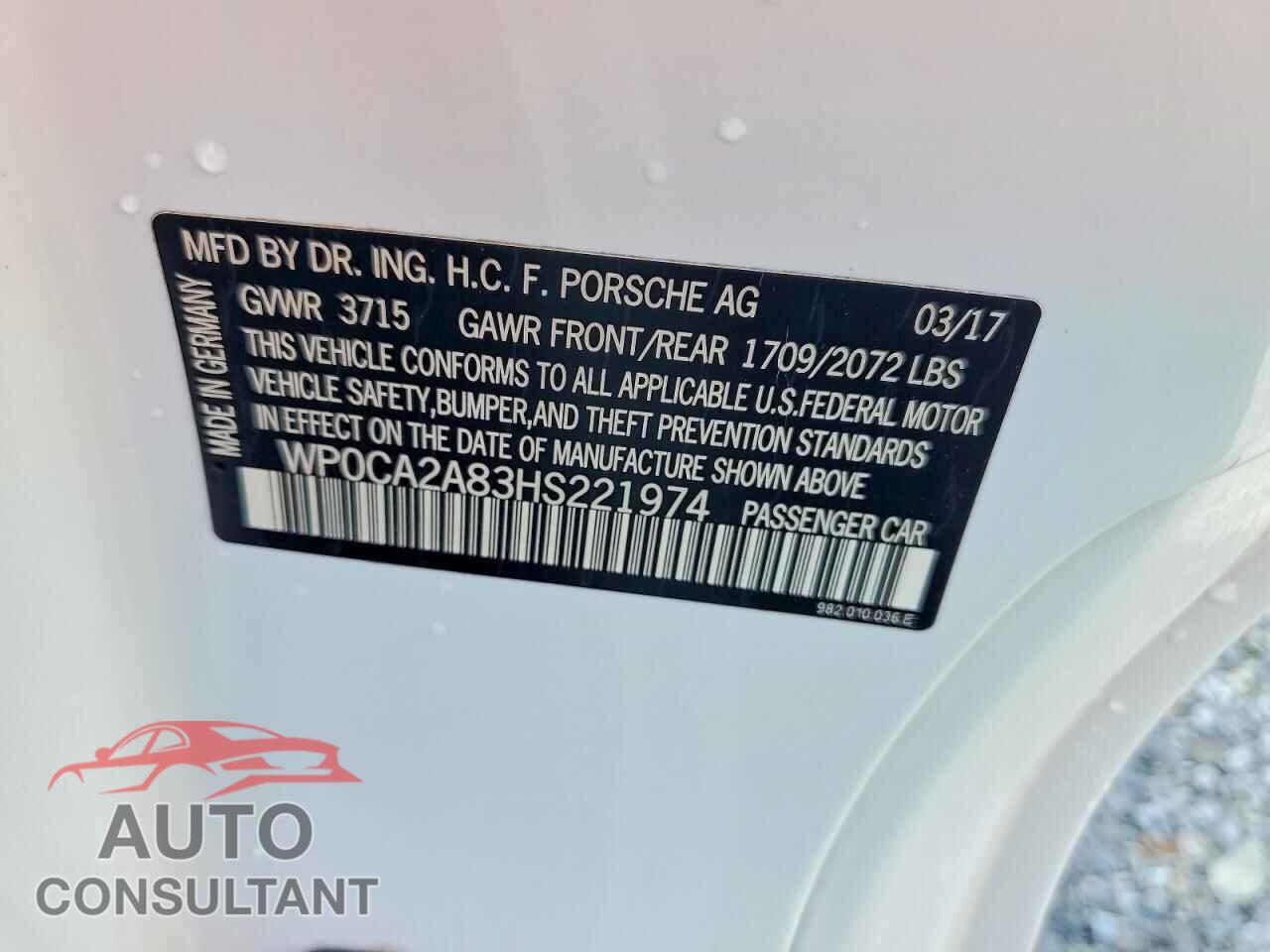 PORSCHE BOXSTER 2017 - WP0CA2A83HS221974