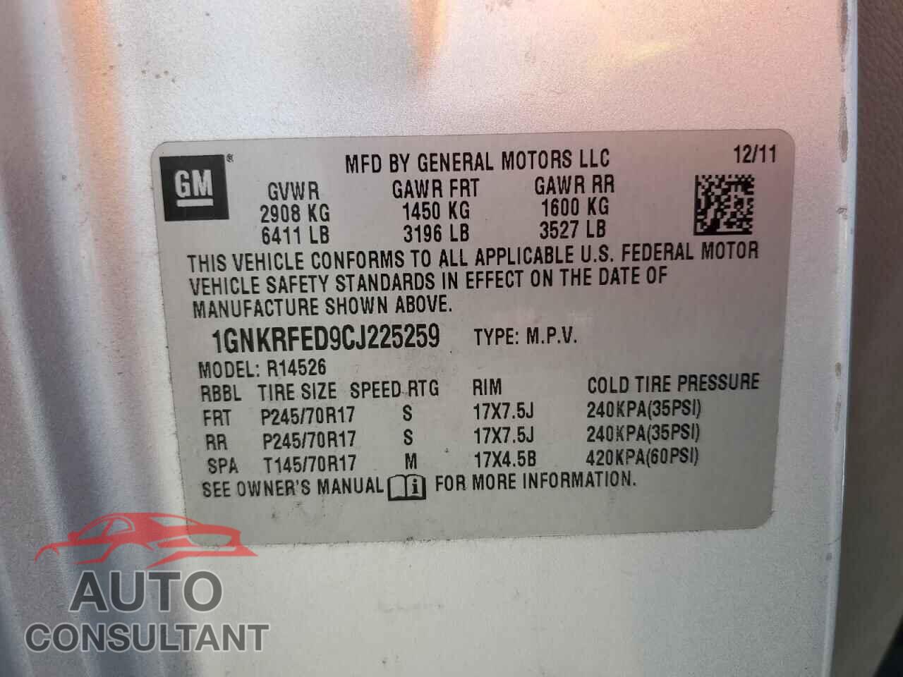 CHEVROLET TRAVERSE 2012 - 1GNKRFED9CJ225259
