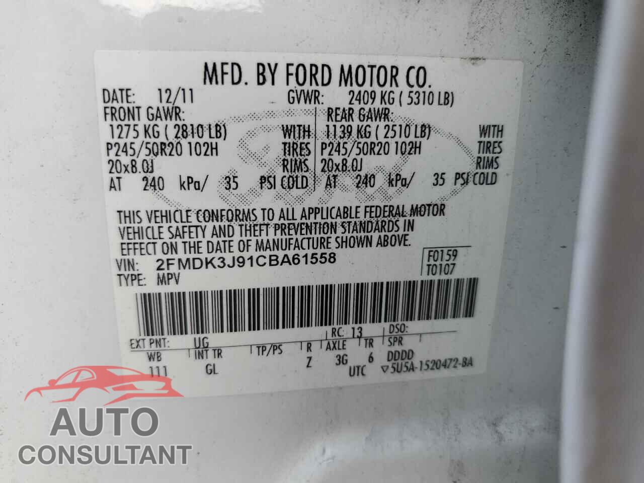 FORD EDGE 2012 - 2FMDK3J91CBA61558