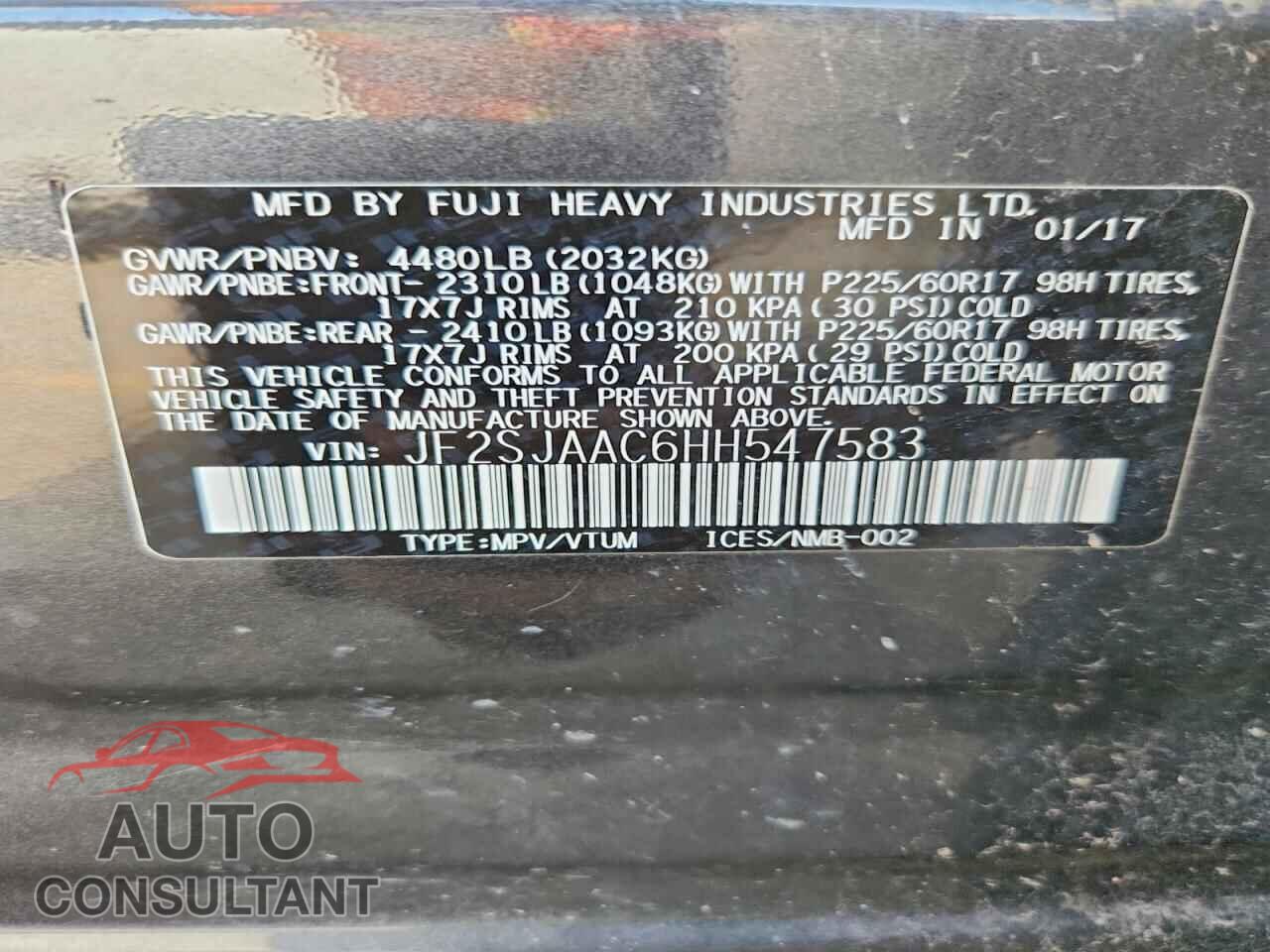 SUBARU FORESTER 2017 - JF2SJAAC6HH547583