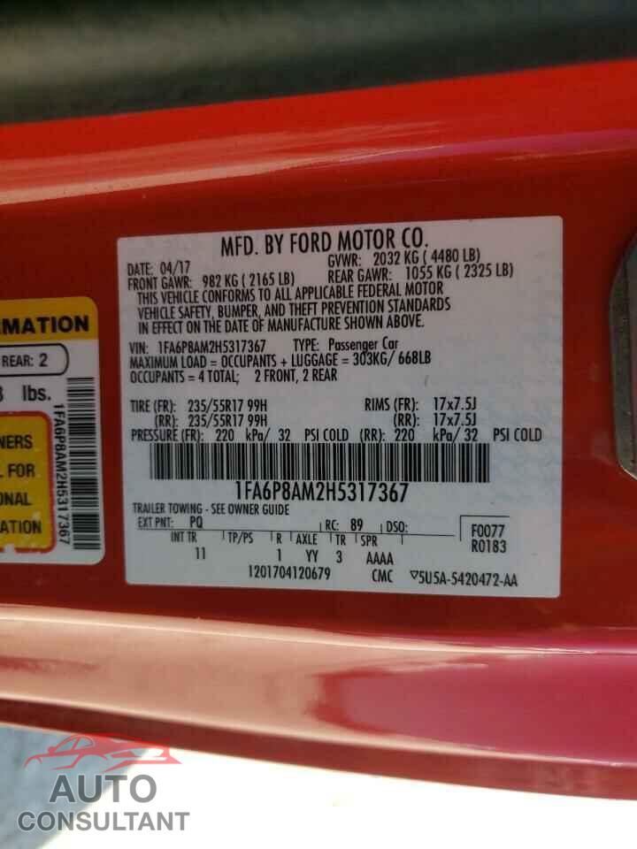 FORD MUSTANG 2017 - 1FA6P8AM2H5317367