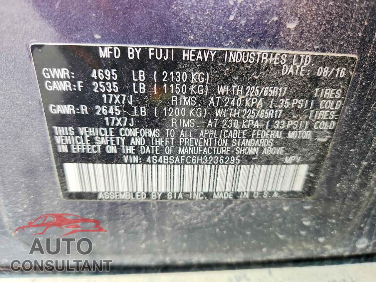 SUBARU OUTBACK 2017 - 4S4BSAFC6H3236295
