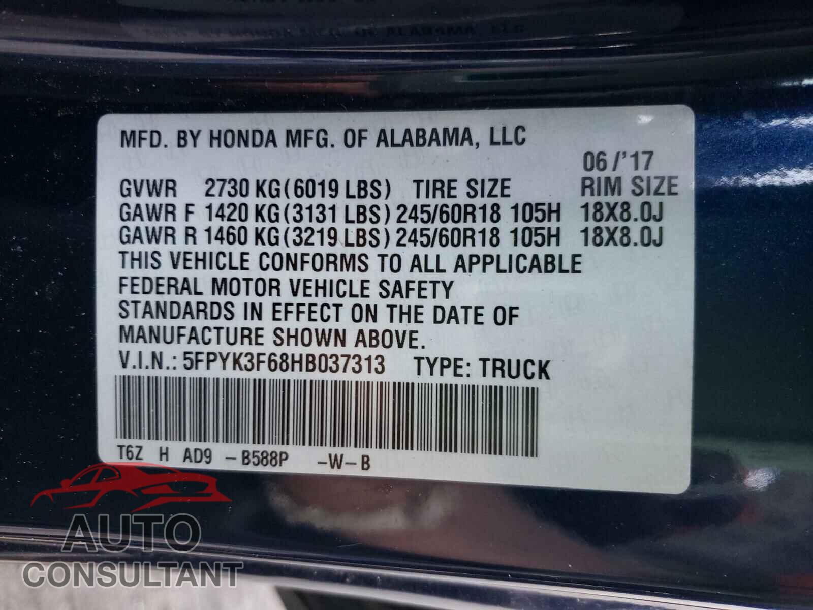 HONDA RIDGELINE 2017 - 5FPYK3F68HB037313