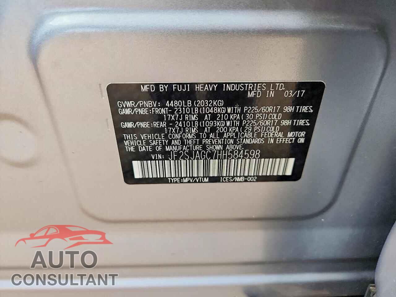 SUBARU FORESTER 2017 - JF2SJAGC7HH584598