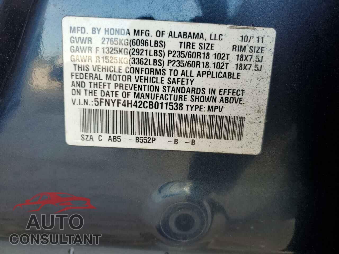 HONDA PILOT 2012 - 5FNYF4H42CB011538