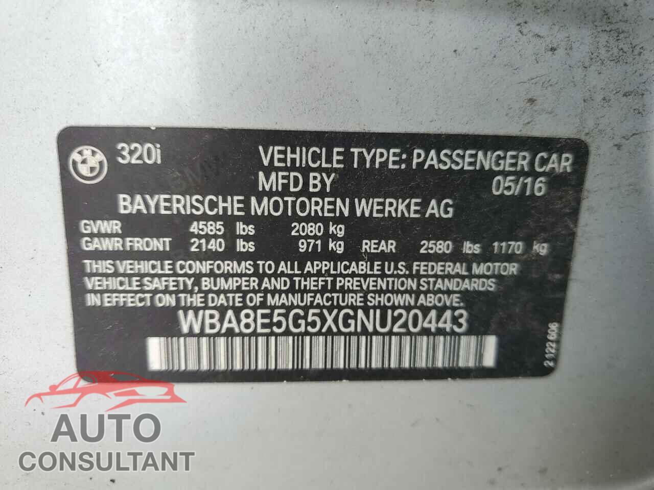 BMW 3 SERIES 2016 - WBA8E5G5XGNU20443