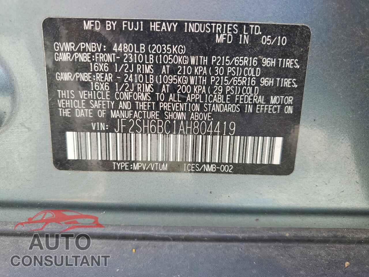 SUBARU FORESTER 2010 - JF2SH6BC1AH804419