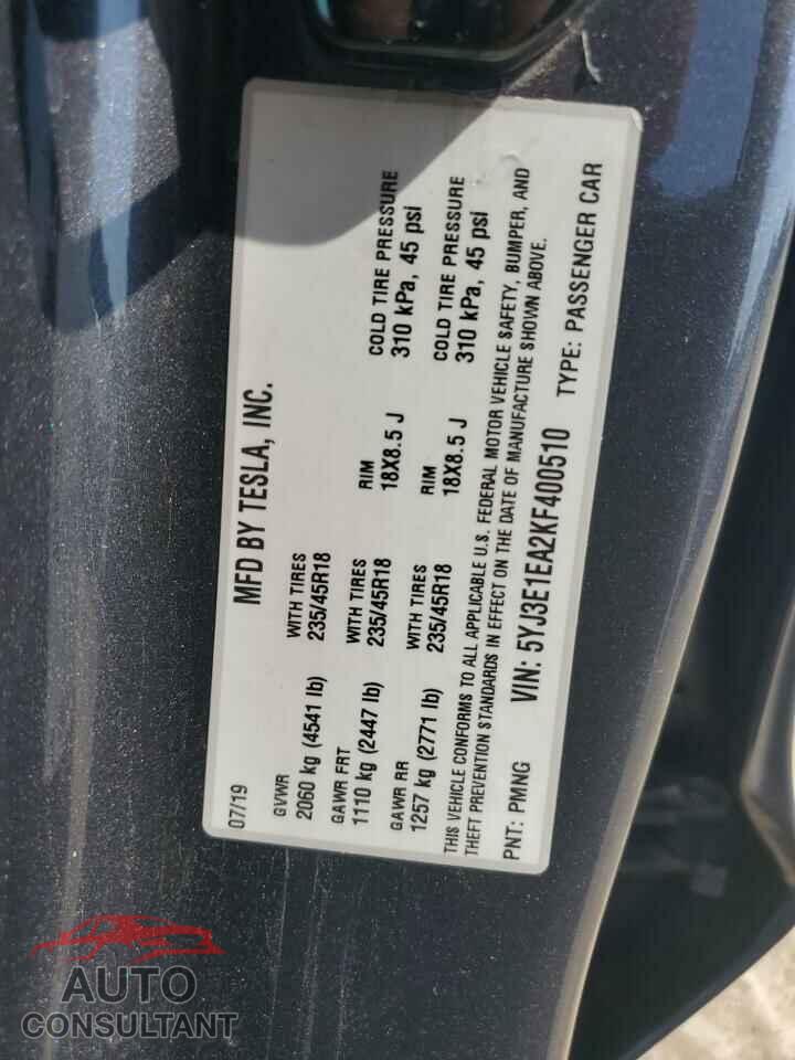 TESLA MODEL 3 2019 - 5YJ3E1EA2KF400510