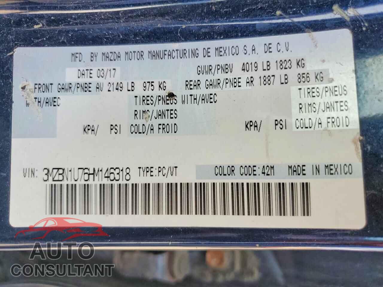 MAZDA 3 2017 - 3MZBN1U76HM146318