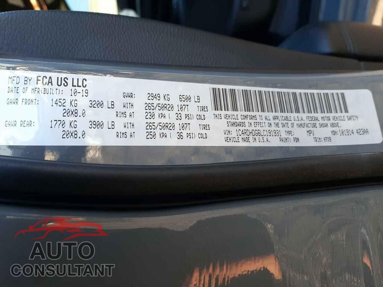 DODGE DURANGO 2020 - 1C4RDHDG6LC191931