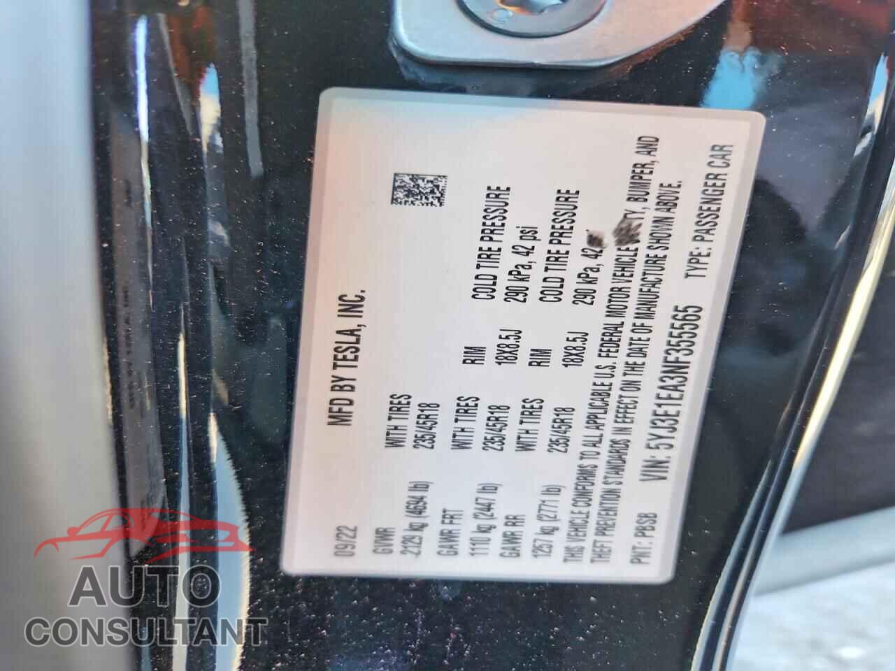 TESLA MODEL 3 2022 - 5YJ3E1EA3NF355565