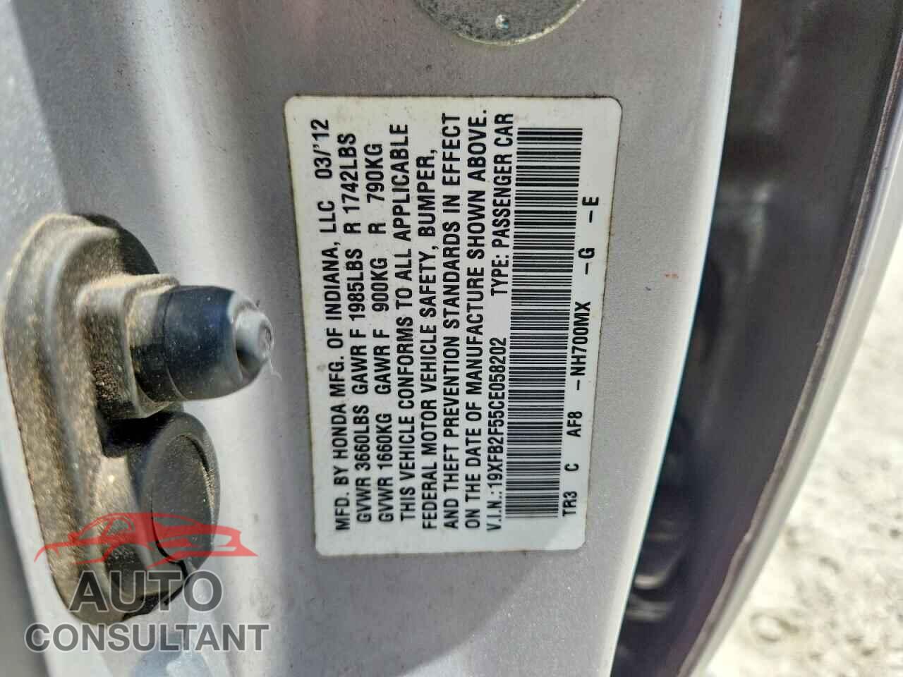 HONDA CIVIC 2012 - 19XFB2F55CE058202