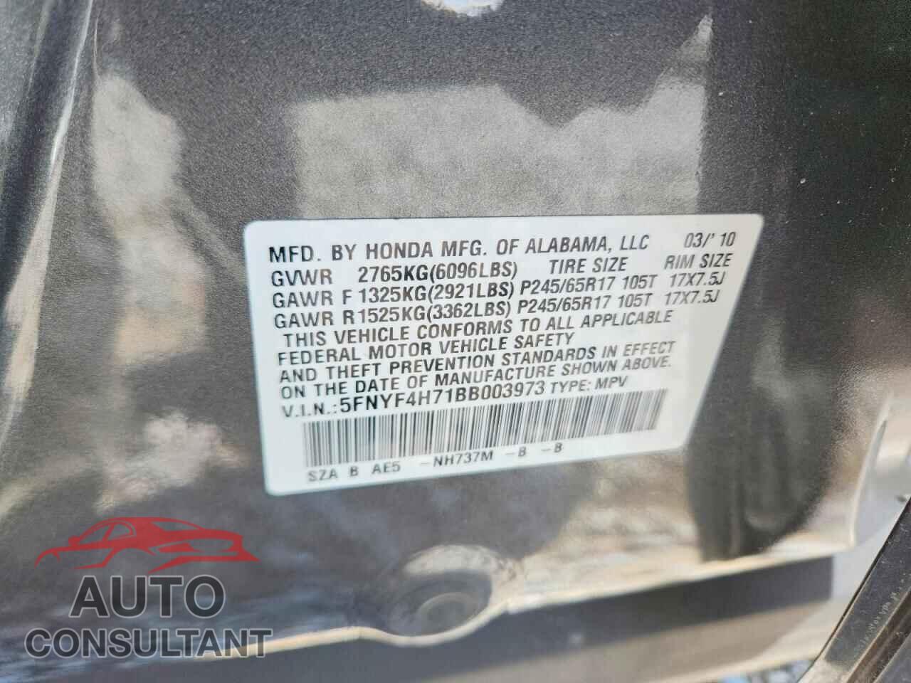 HONDA PILOT 2011 - 5FNYF4H71BB003973