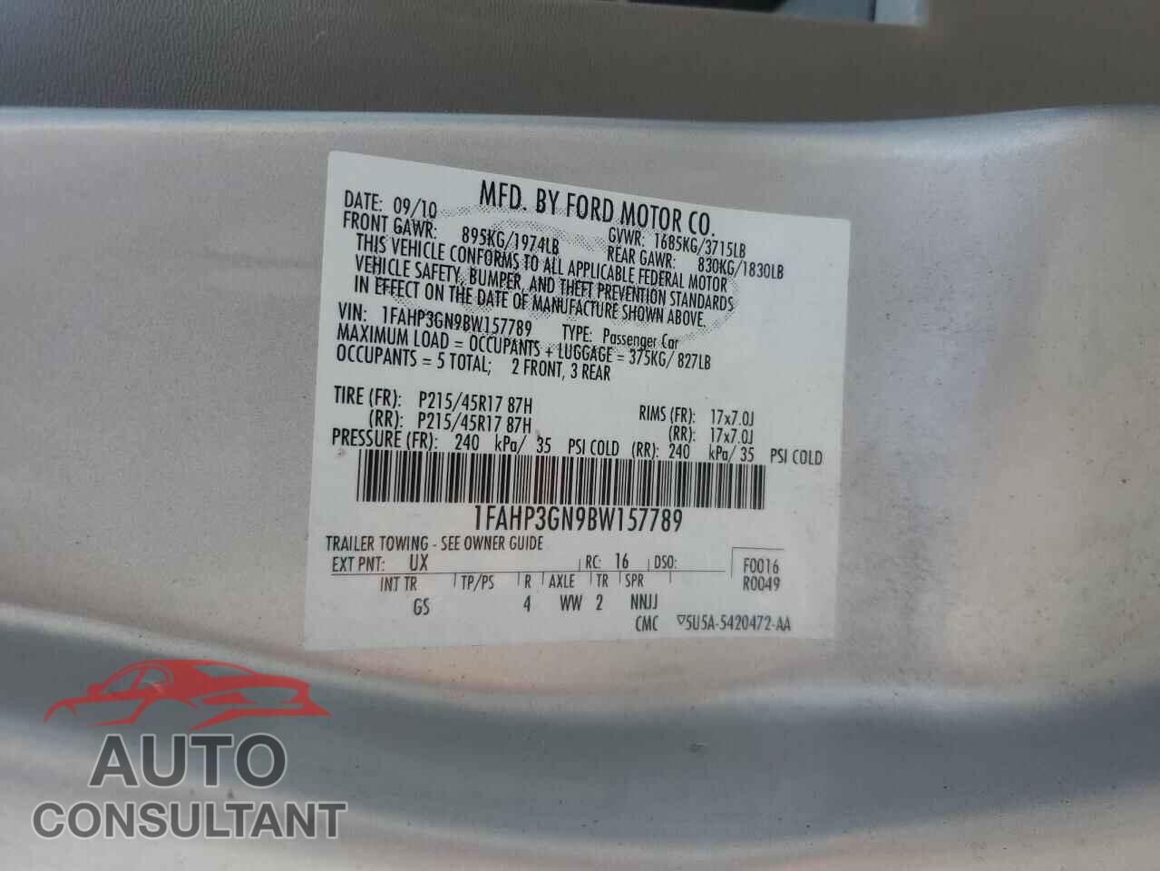 FORD FOCUS 2011 - 1FAHP3GN9BW157789
