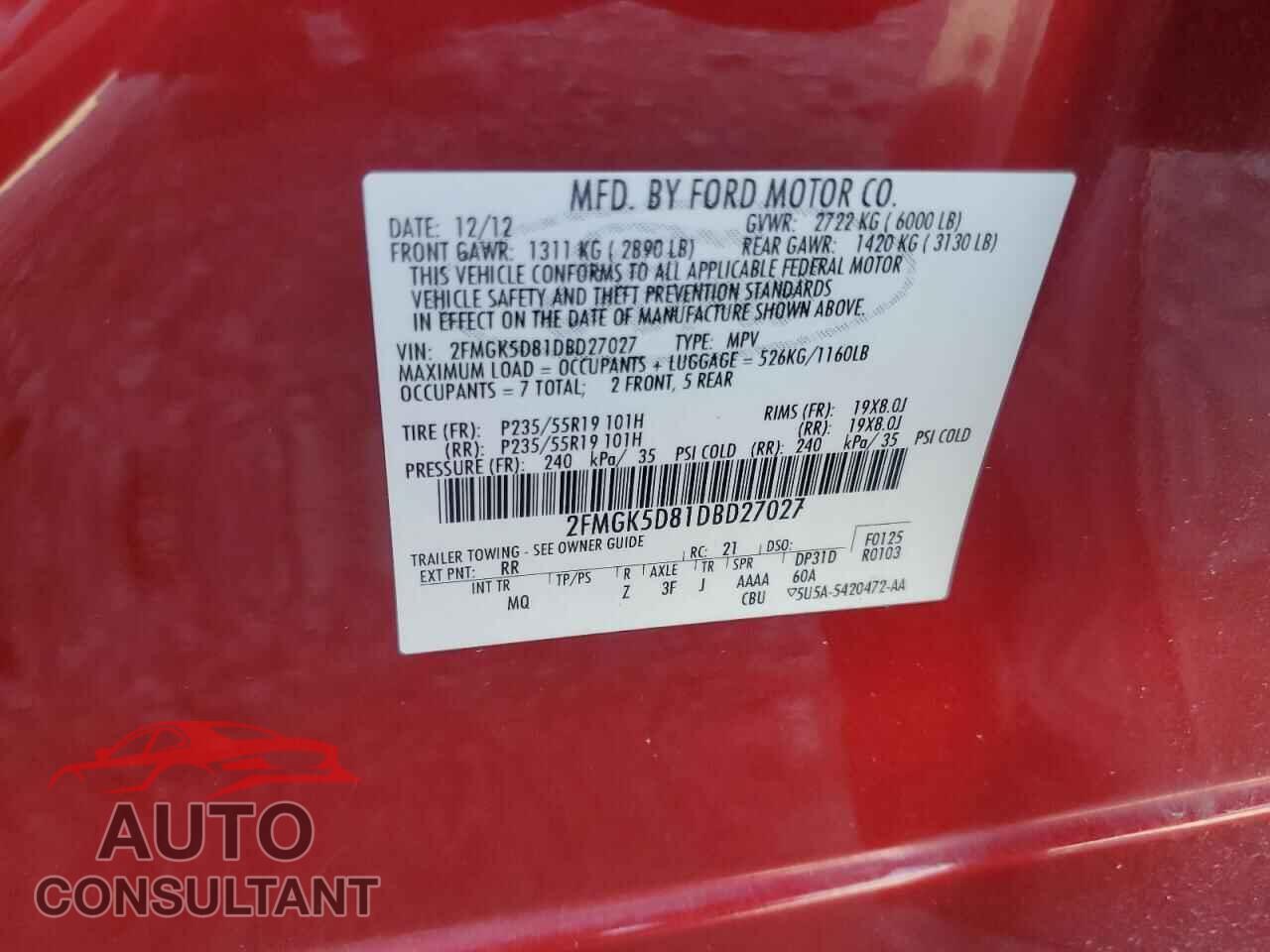 FORD FLEX 2013 - 2FMGK5D81DBD27027