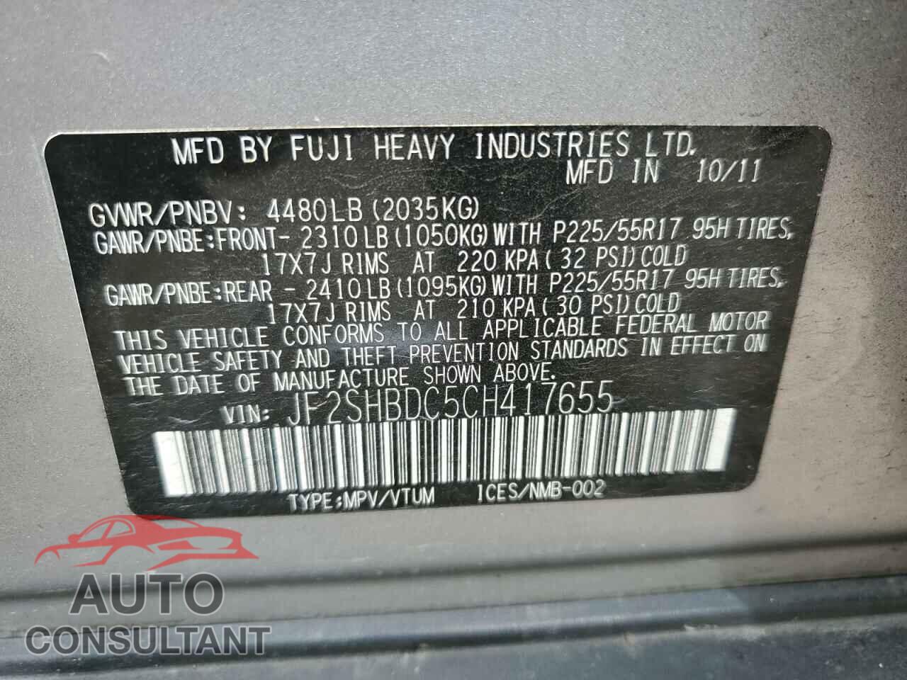 SUBARU FORESTER 2012 - JF2SHBDC5CH417655