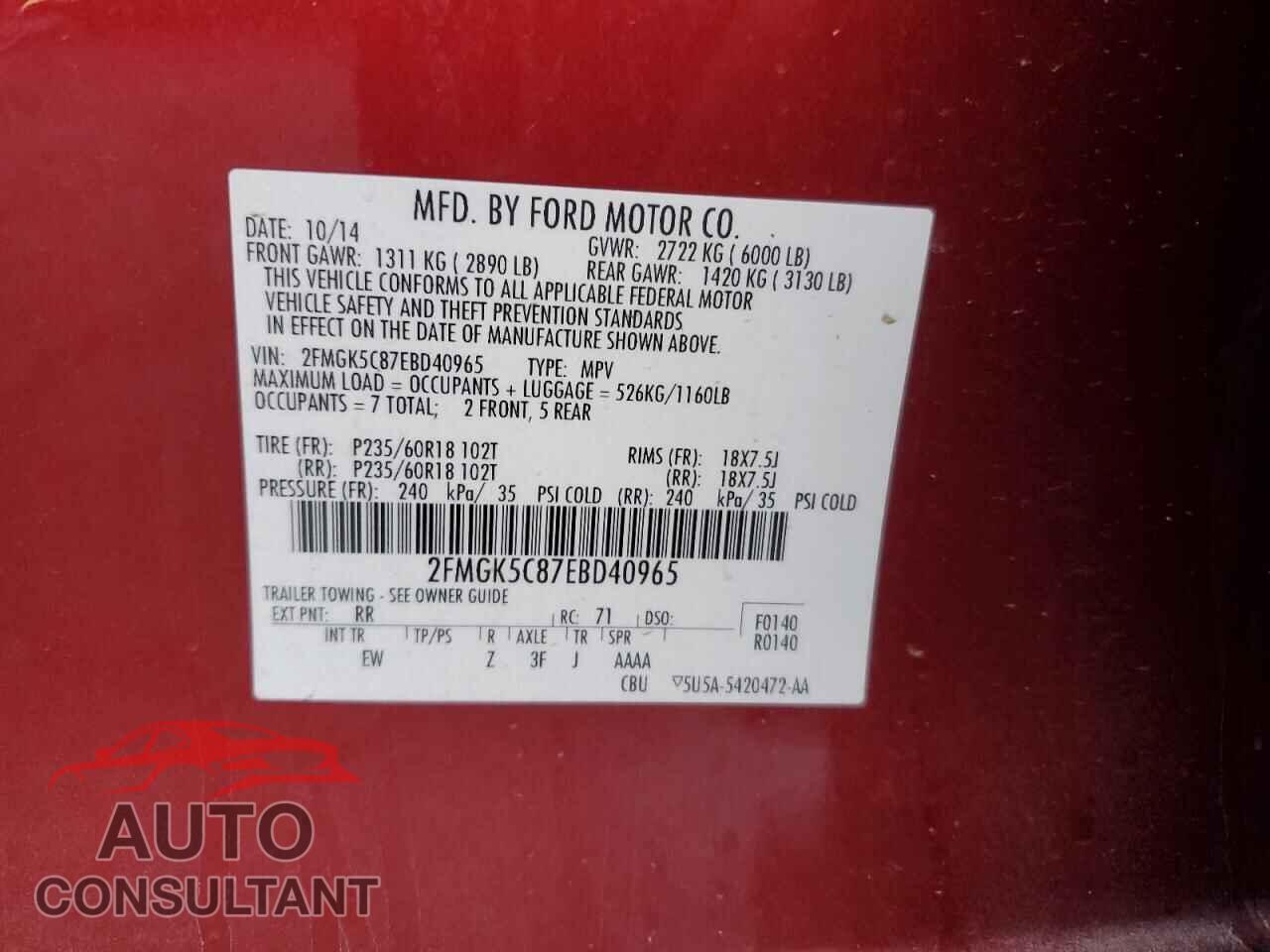 FORD FLEX 2014 - 2FMGK5C87EBD40965