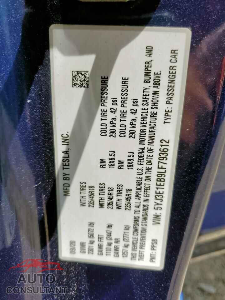 TESLA MODEL 3 2020 - 5YJ3E1EB9LF793612