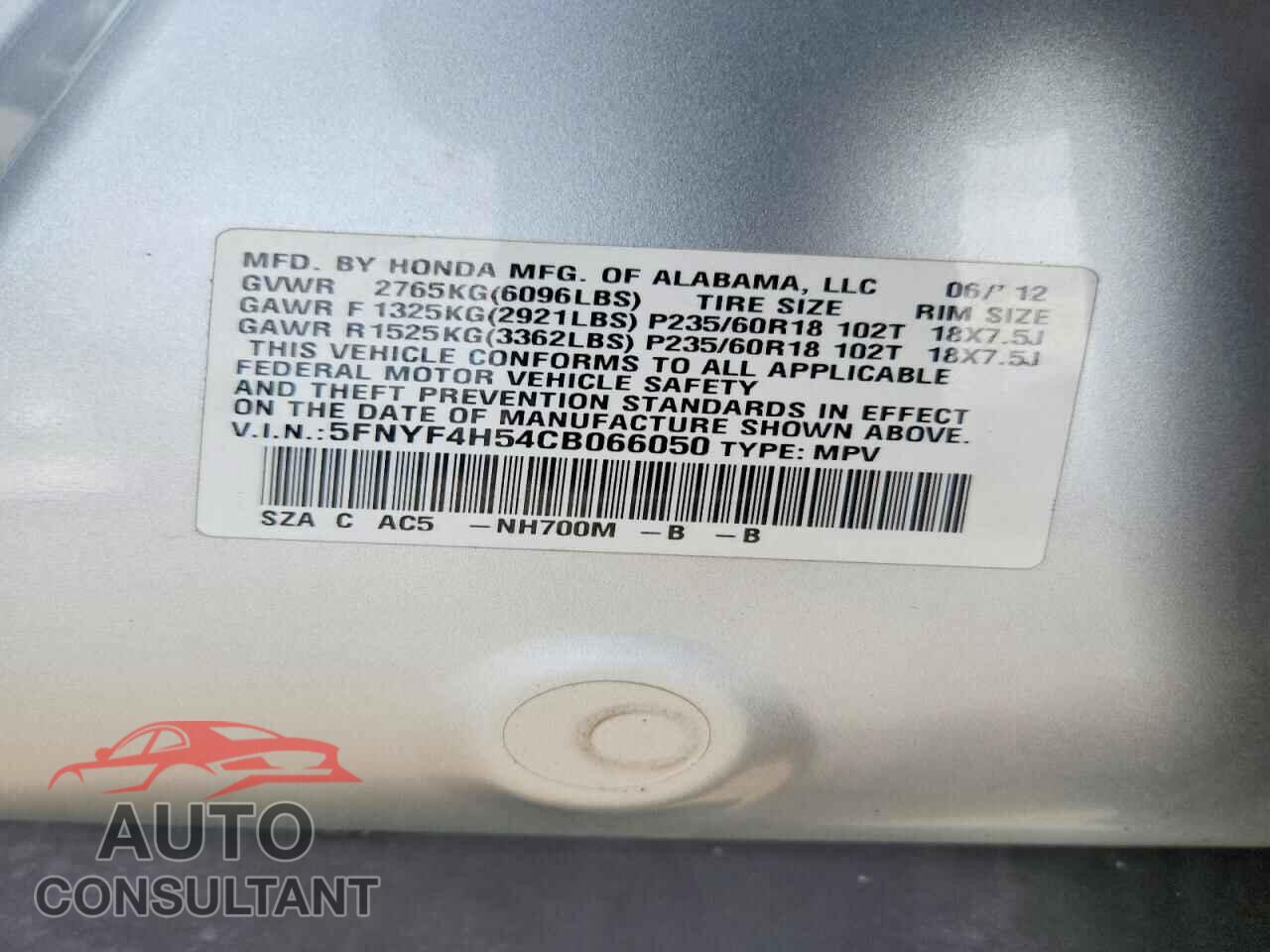 HONDA PILOT 2012 - 5FNYF4H54CB066050