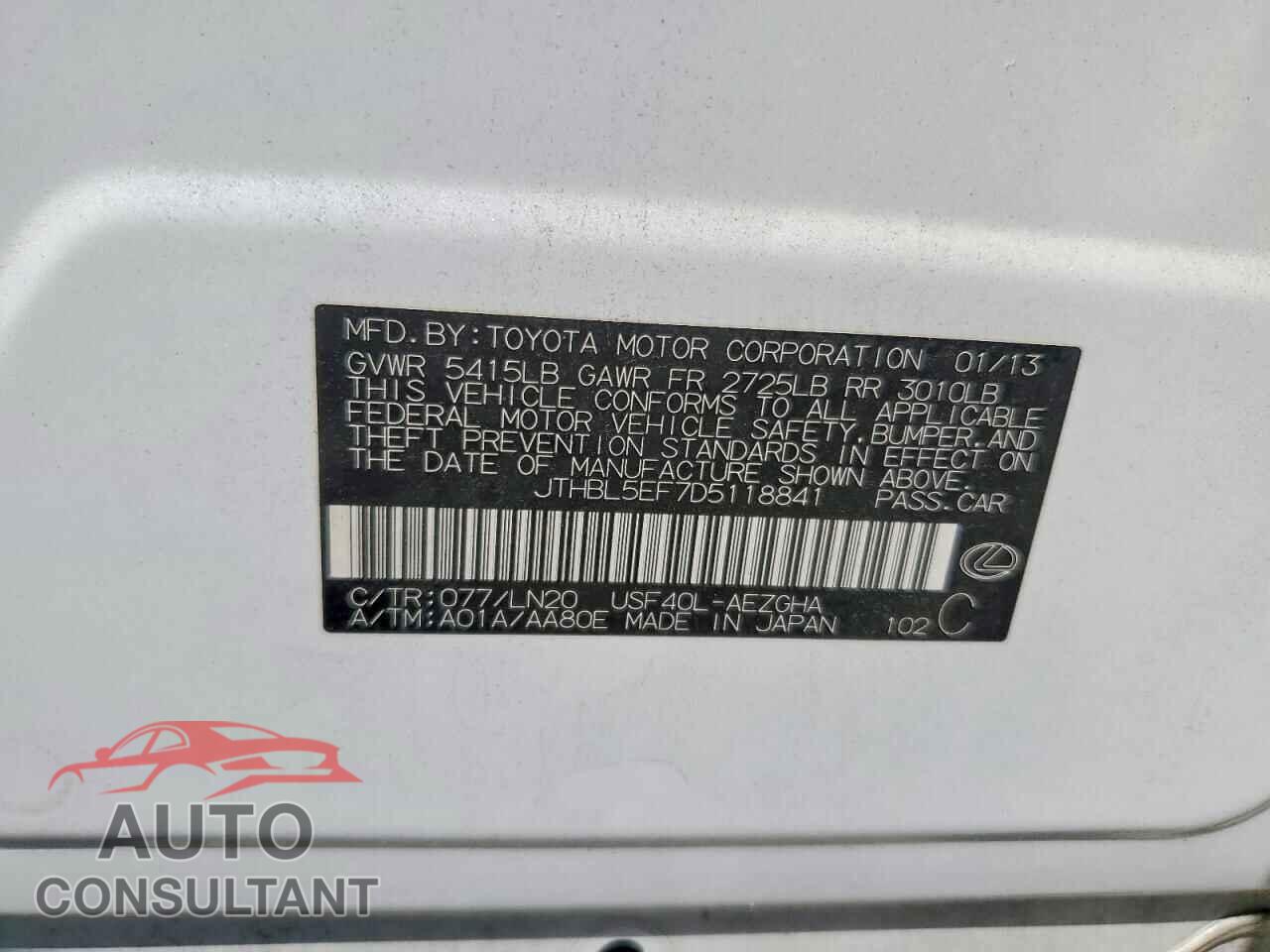 LEXUS LS460 2013 - JTHBL5EF7D5118841