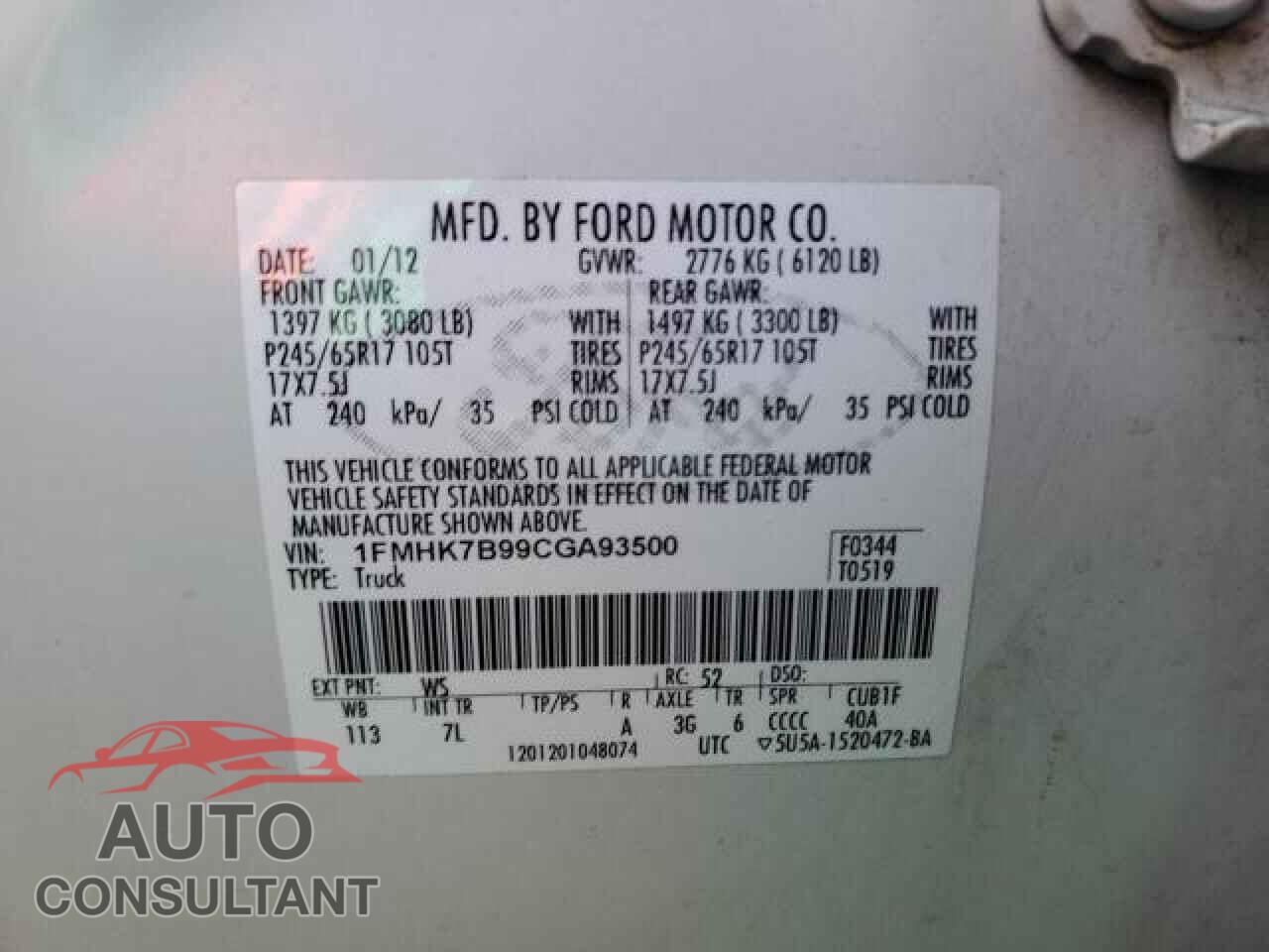 FORD EXPLORER 2012 - 1FMHK7B99CGA93500