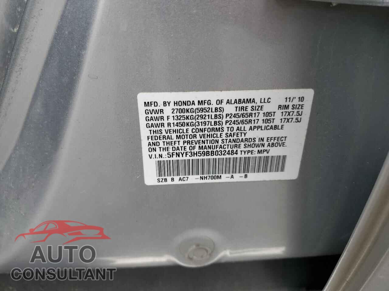 HONDA PILOT 2011 - 5FNYF3H59BB032484