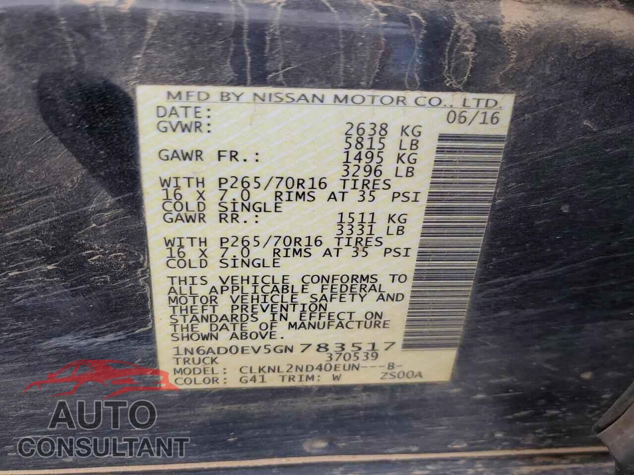 NISSAN FRONTIER 2016 - 1N6AD0EV5GN783517