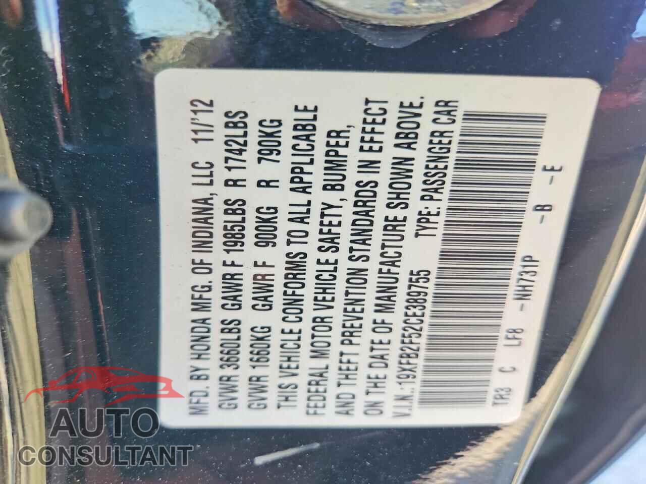 HONDA CIVIC 2012 - 19XFB2F52CE389755