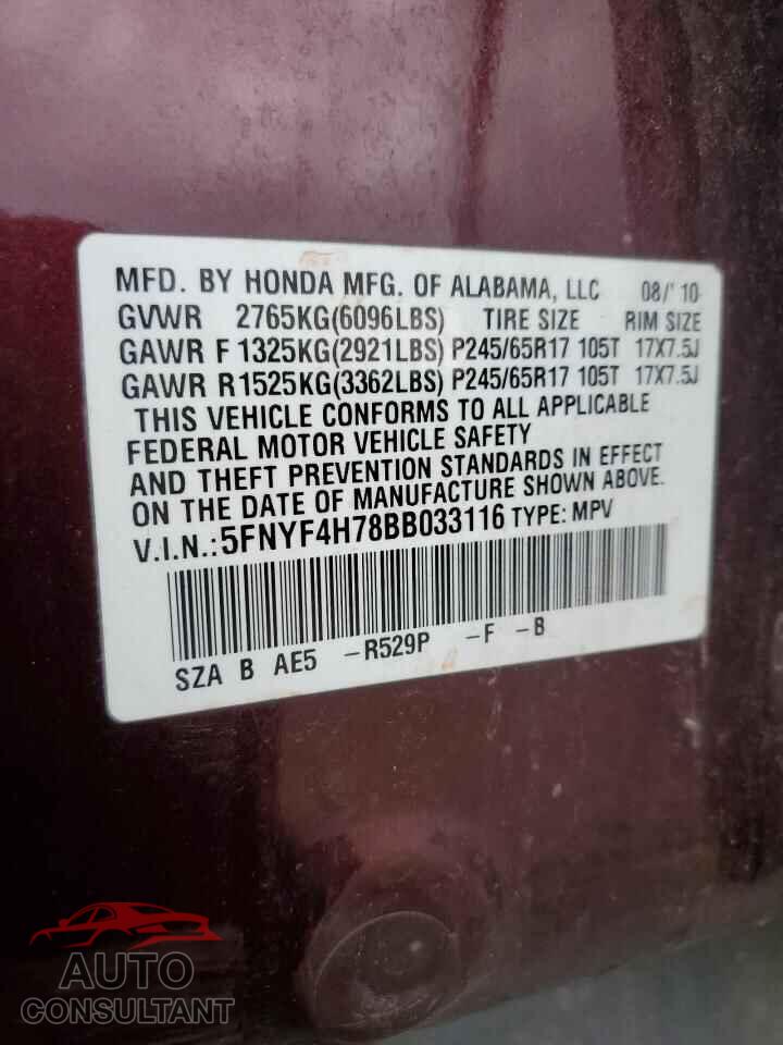 HONDA PILOT 2011 - 5FNYF4H78BB033116