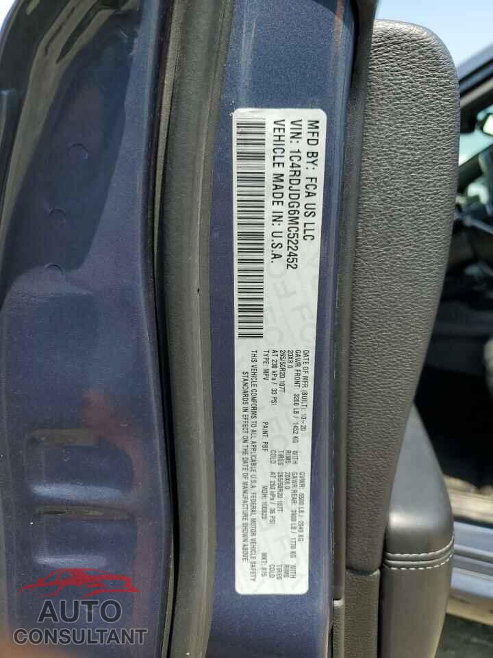 DODGE DURANGO 2021 - 1C4RDJDG6MC522452