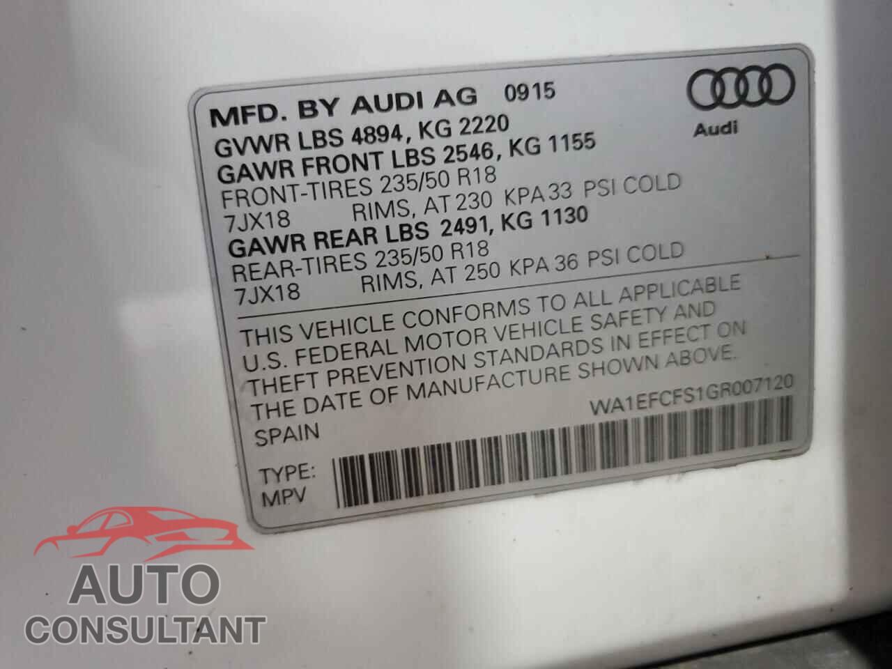 AUDI Q3 2016 - WA1EFCFS1GR007120