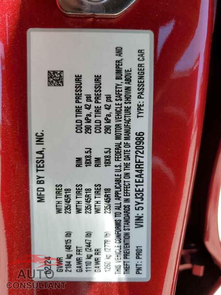 TESLA MODEL 3 2024 - 5YJ3E1EA4RF720986