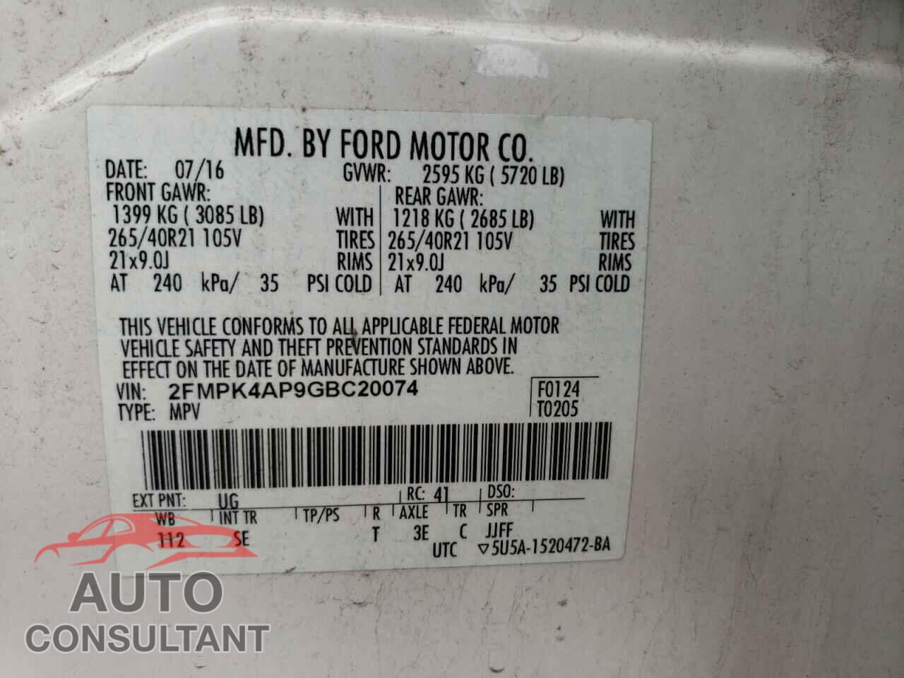 FORD EDGE 2016 - 2FMPK4AP9GBC20074