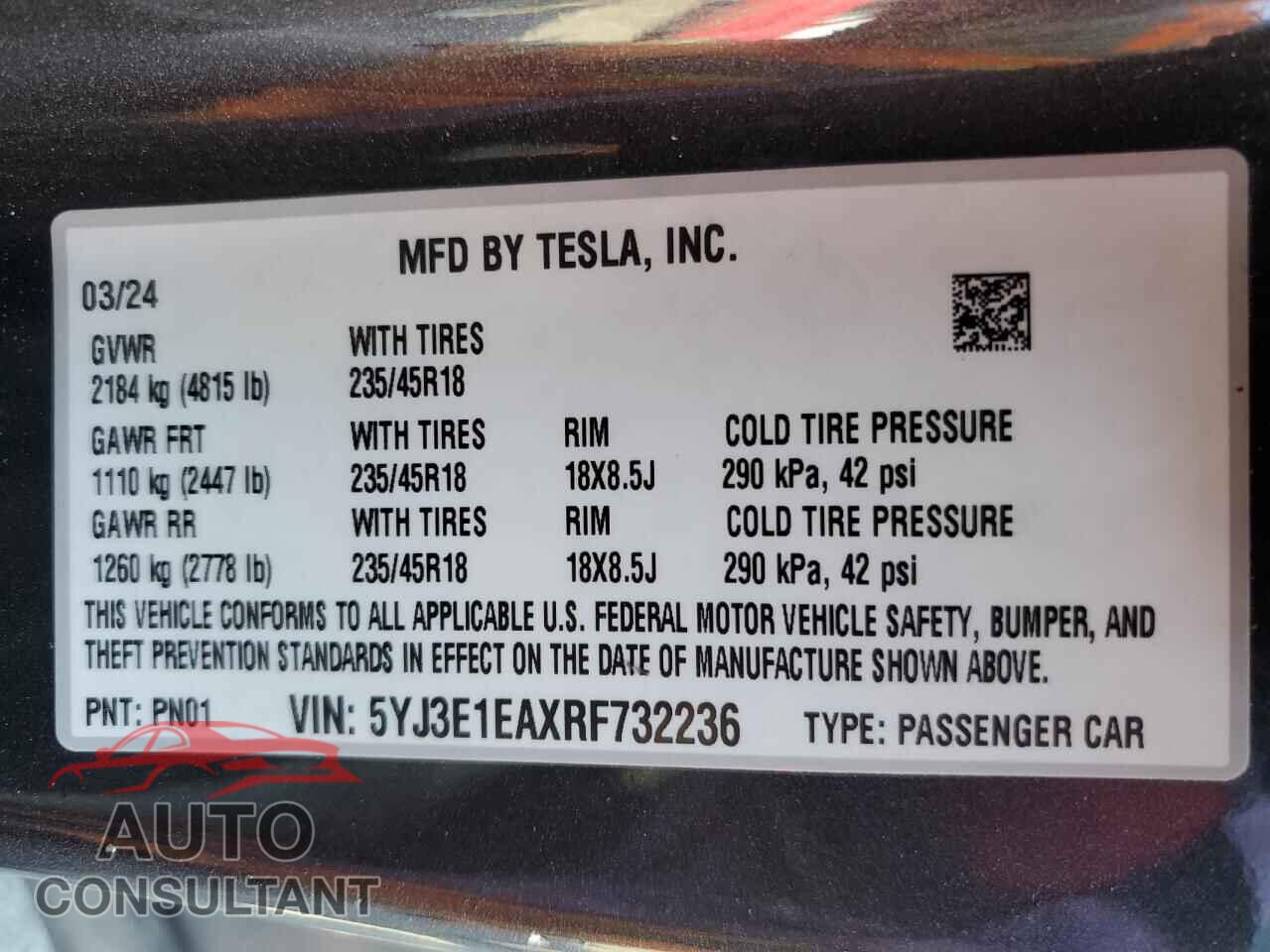 TESLA MODEL 3 2024 - 5YJ3E1EAXRF732236