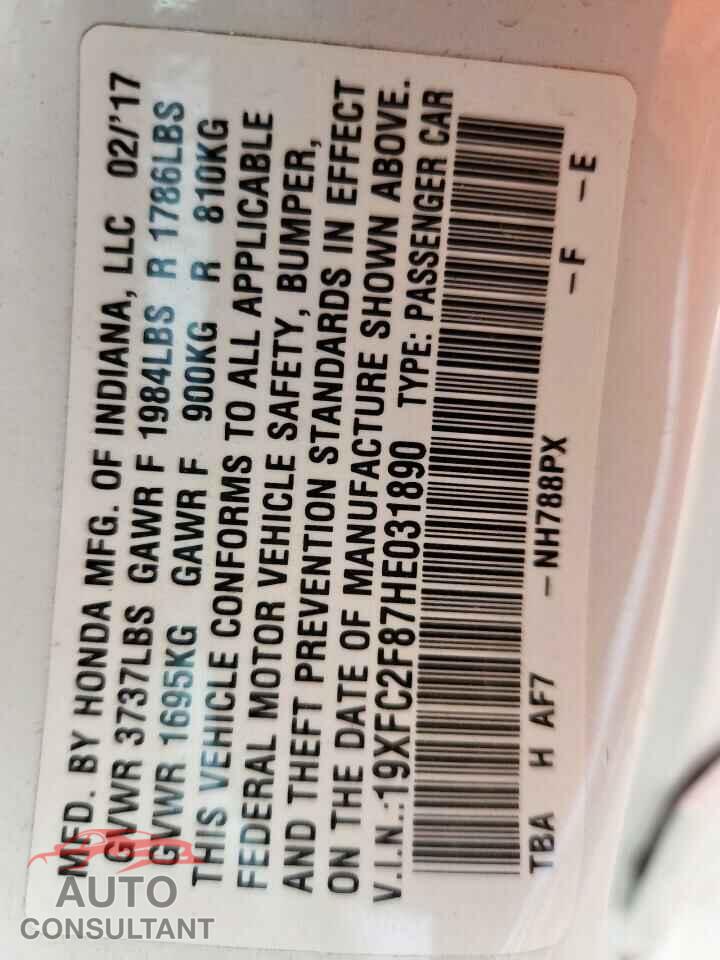 HONDA CIVIC 2017 - 19XFC2F87HE031890