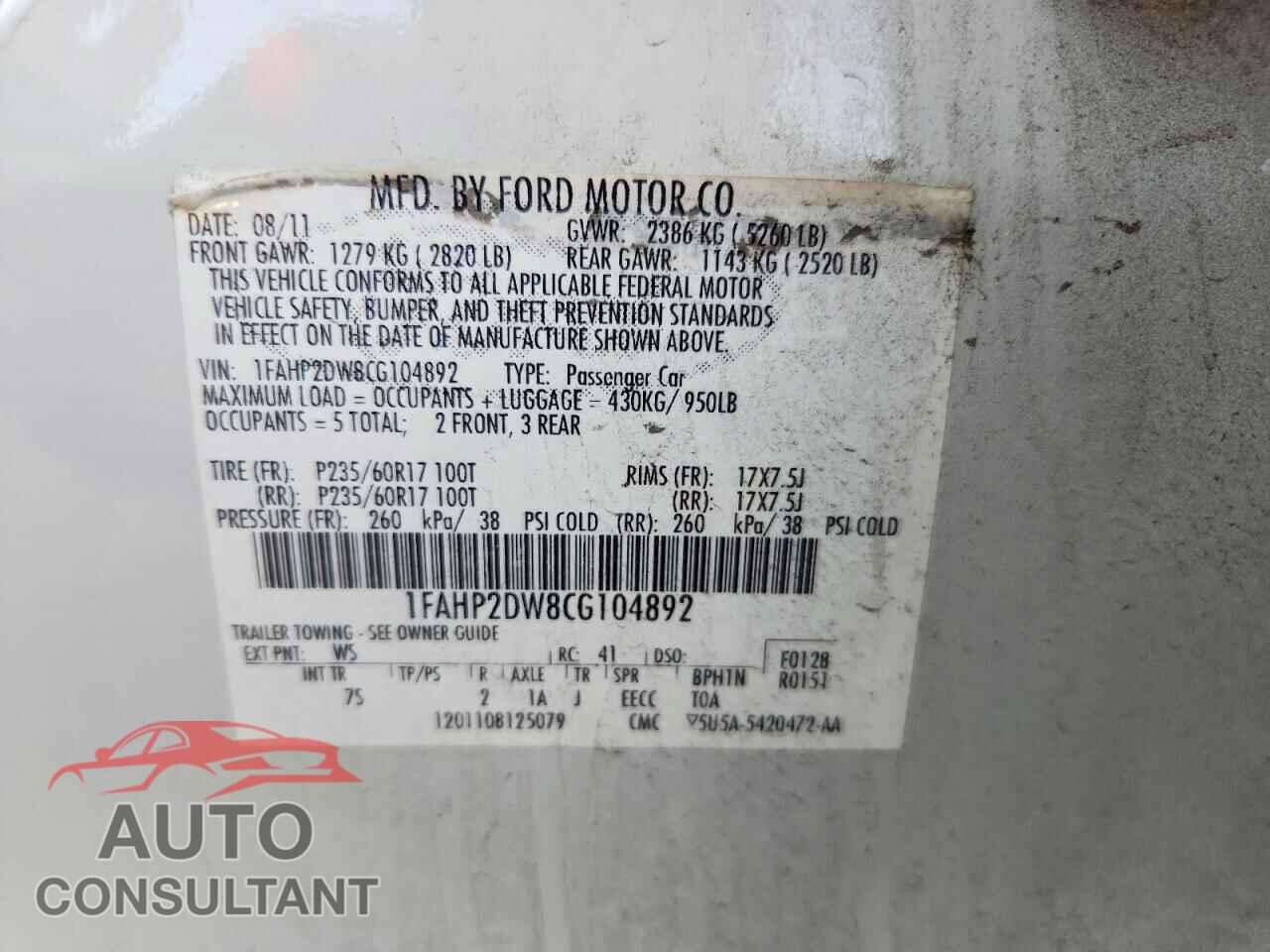 FORD TAURUS 2012 - 1FAHP2DW8CG104892