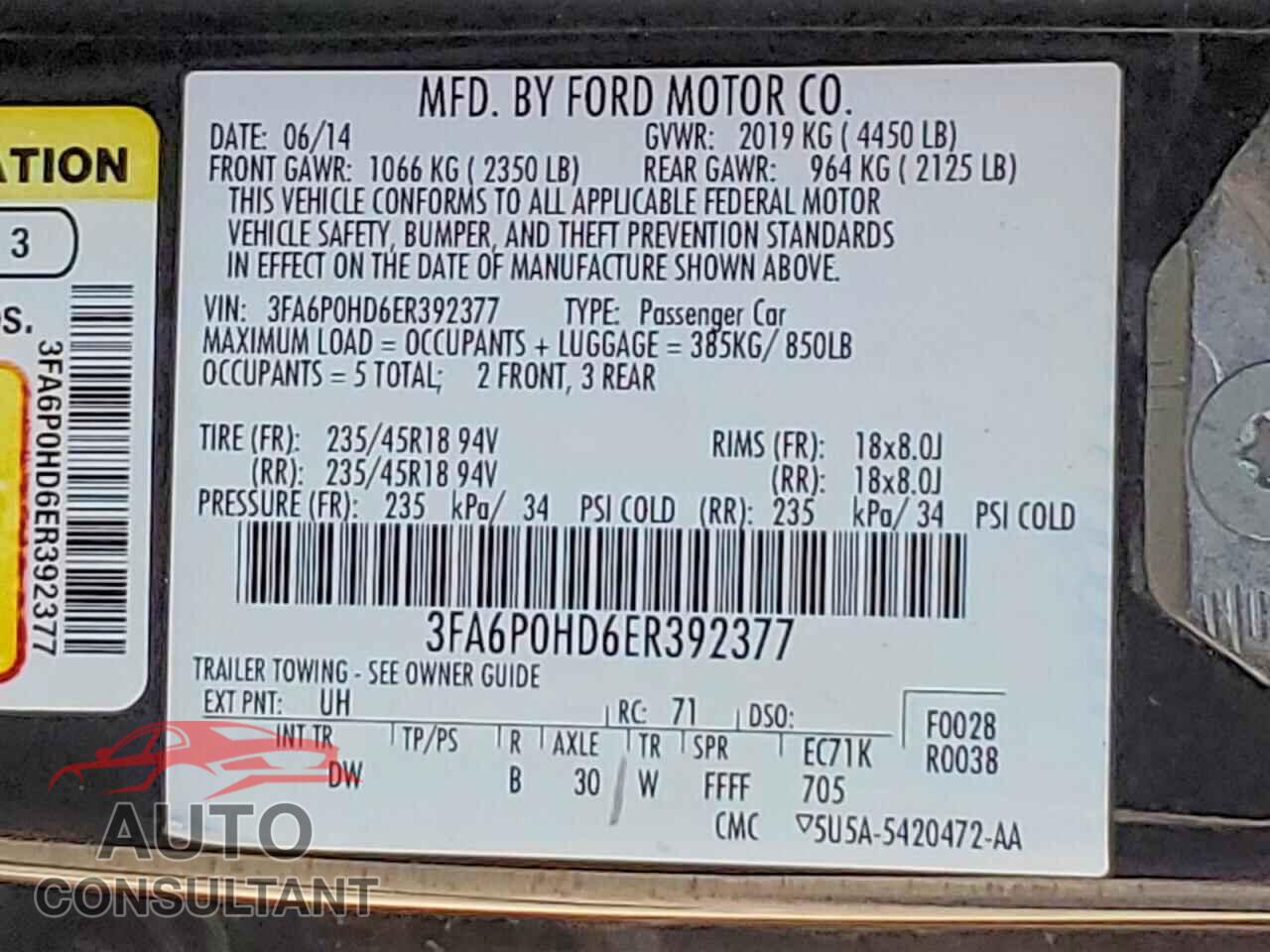 FORD FUSION 2014 - 3FA6P0HD6ER392377